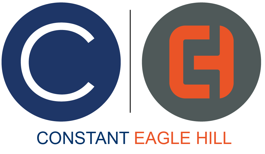 Constant Eagle Hill logo. Features navy blue circle with a white "C" with word "CONSTANT" under it on the left, and a gray circle with an orange "EH" with word "Eagle Hill" under it.