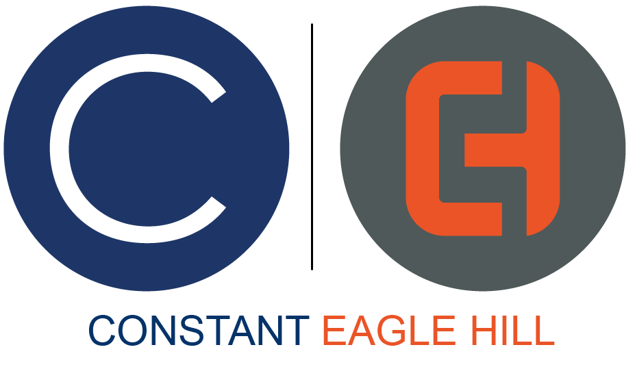 Constant Eagle Hill logo. Features navy blue circle with a white "C" with word "CONSTANT" under it on the left, and a gray circle with an orange "EH" with word "Eagle Hill" under it.